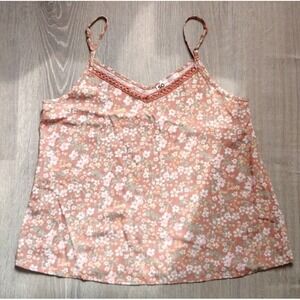 SO Small Lace Trim Brown Floral‎ Camisole Adjustable Spaghetti Straps Loose